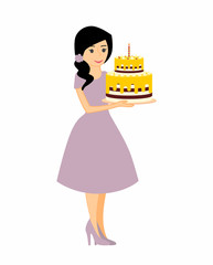 Female character with a cake. Beautiful housewife in purple dress, woman master baker holding a delicious pie. Vector illustration in a flat style