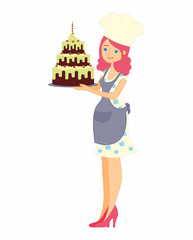 Female character with a cake. Beautiful housewife in dress and apron, woman master baker holding a delicious pie. Vector illustration in a flat style
