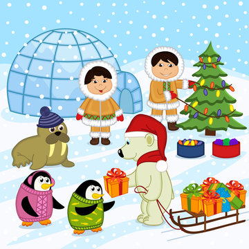 polar bear in the hat of Santa gives gifts - vector illustration, eps