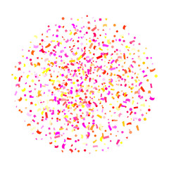 Abstract colorful explosion of confetti, isolated on white background. Abstract background with many falling tiny confetti pieces. Holiday or party background. Red and yellow confetti