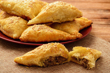 Puff pastries with meat (samosa) - traditional uzbek and indian pasrty. 