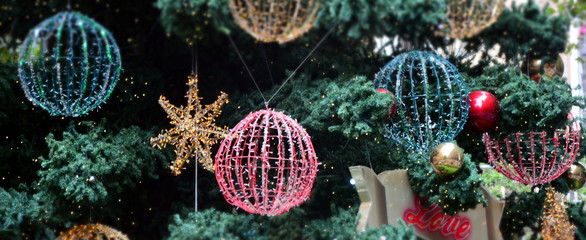Christmas decorations on a christmas tree