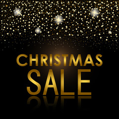 eps 10 vector sell-out poster. Christmas sale and discount advertising banner for web, print. Luxury stylish golden glitter, shiny falling stars, snowflakes, mirror reflection. Graphic clip art