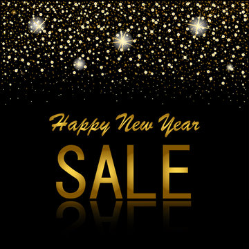 eps 10 vector sell-out poster. Happy new year sale and discount advertising banner for web, print. Luxury stylish golden glitter, shiny falling stars, snowflakes, mirror reflection. Graphic clip art