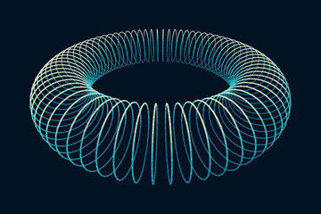 Torus. Connection Structure. Torus Shape Wireframe. Cyberspace Grid. Glowing mesh on a dark background.