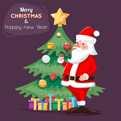 Santa Claus Character Icon Christmas Tree Background Cartoon Greeting Card Template Poster Vector illustration