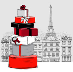 Fashion Big pile of wrapped gift boxes on Paris city background