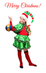 Santa's elf with a Christmas ball over white