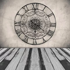 Fotobehang clock on wall with planks floor © tomgigabite