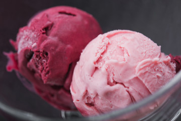 strawberry and raspberry ice cream in glass