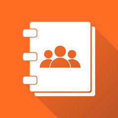 Address book icon with long shadow. Contact note flat vector illustration on orange background.