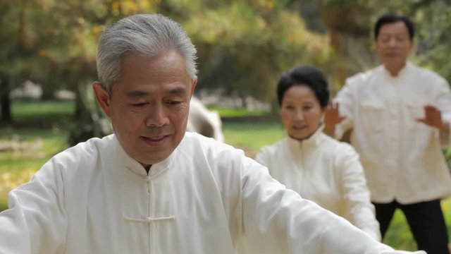 MS PAN SELECTIVE FOCUS Elderly people doing Tai Chi in park / China