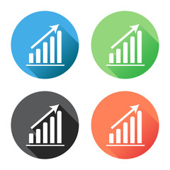 Chart graph icon with long shadow. Business flat vector illustration on blue, green, black and orange background.