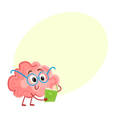 Funny smiling brain in round glasses reading a book, cartoon vector illustration on yellow background for text. Cute brain character in nerdy glasses with book as symbol of training and education