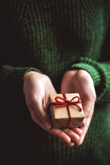 Hands holding small gift with red bow. Hands folded in heart shape holding small present for...