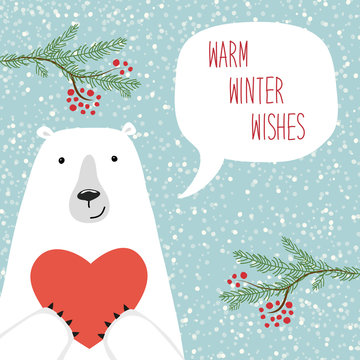 Cute hand drawn winter holidays card with polar bear and hand written text Warm winter wishes on snowy background