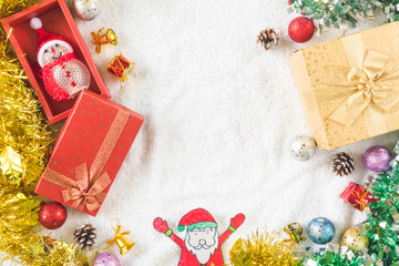 Top view of Gift boxes with Christmas decoration on white background