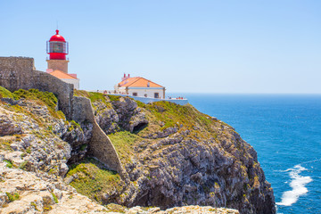 View of the lighthouse at Cabo de Sao Vicente, Algarve, Portugal, /Sea landscape/ Atlantic ocean
