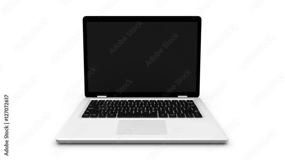 Poster modern laptop appear from different positions isolated on white. animation with green screen and alp