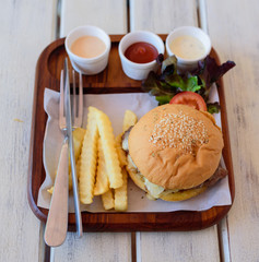 Hamburger on white table in hamburger shop