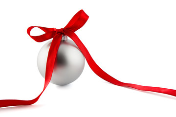 christmas balls with red ribbon isolated