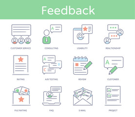 Hand drawn line style icon set : Customer service, Relationship Management, Feedback, Business elements, Solution for clients