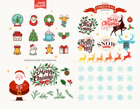 Merry Christmas icons, elements, greetings, labels, badgets, stickers