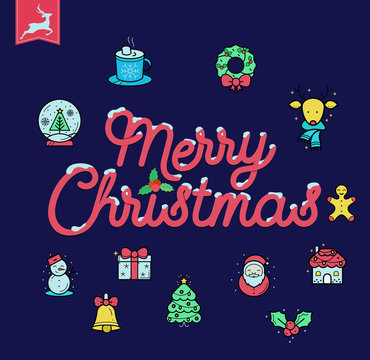 merry Christmas typography with icons