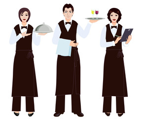 Waiter and waitress in restaurant, men and women profession.
