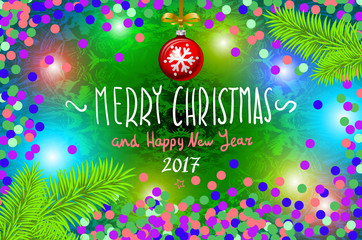 Glowing color Christmas Lights Wreath for Xmas Holiday Greeting Cards Design. Merry Christmas and Happy New Year 2017, vector. confetti, a hand-written inscription, tree branch ball