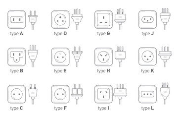 Electric outlet illustration on white background. Different type power socket set, vector isolated icon illustration for different country plugs. Power socket - World standards icons set