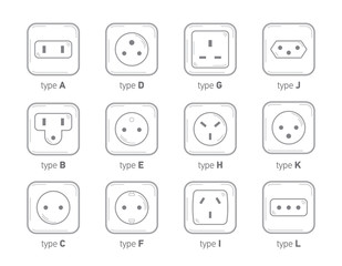Different type power socket set, vector isolated icon illustration for different country plugs. Power socket - World standards icons set. World socket types collection