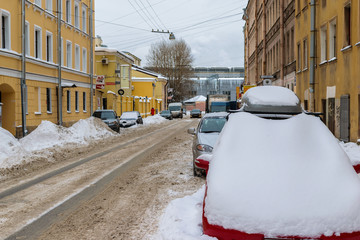 RUSSIA, SAINT-PETERSBURG - November, 2016:.On a city street after heavy snowfall