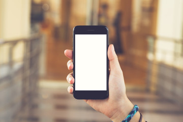 Black smartphone isolated white screen in hand