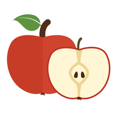 Vector illustration of ripe apple fruit and apple slices on a white background.