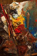 art paints, palette, brushes pencil