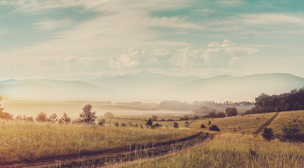 Fantastic view on sunrise. ground road in the foggy rural field on the foothills. majestic mountain peaks on the background, Dramatic picturesque scene. retro style. creative collage