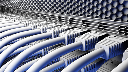 Server cables and connectors. Cloud technologies, ISP, IT startup concepts. 3D rendering, cartoon...