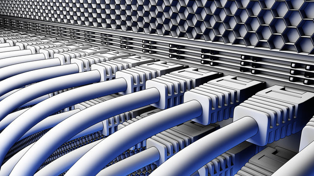 Server cables and connectors. Cloud technologies, ISP, IT startup concepts. 3D rendering, cartoon version