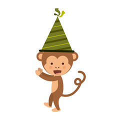 Monkey cartoon with party hat icon. Happy birthday celebration card and decoration theme. Isolated design. Vector illustration