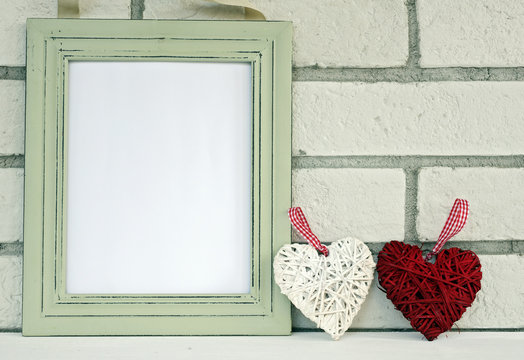 Empty picture in frame shabby chic, vintage style. Scandinavian style home interior decoration. Copy paste image.