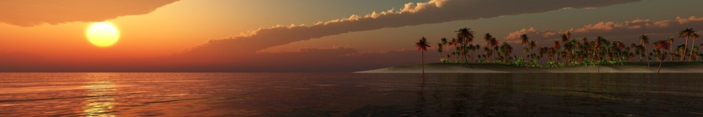 Fototapeta premium Panorama Sunset over a tropical island. Sunrise in the ocean. banner. 