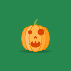 Amazed halloween pumpkin isolated on dark green background. Flat style icon. Vector illustration.