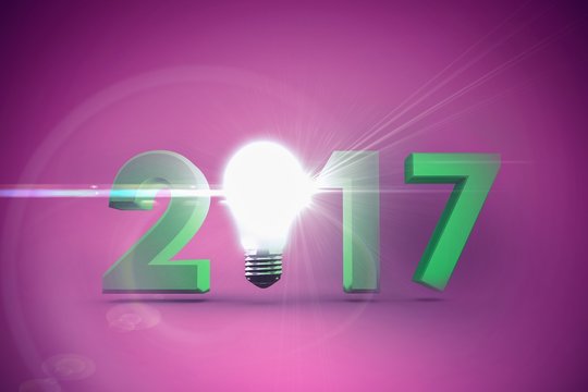 Composite image of 2017 with glowing light bulb over white backg