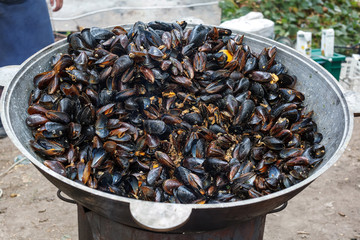Steamed black sea mussels in sauce with vegetables