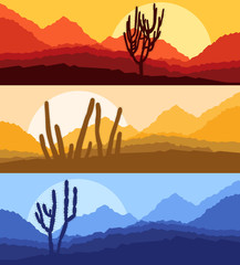 Cactus desert landscape vector background set with sunset