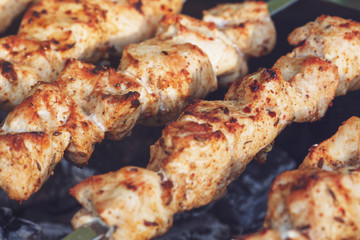 Barbecue skewers with meat on the brazier. Chicken shish kebab