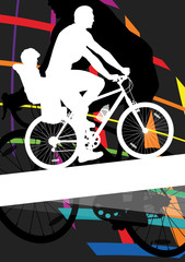 Cyclist active man and children bicycle riders in abstract sport