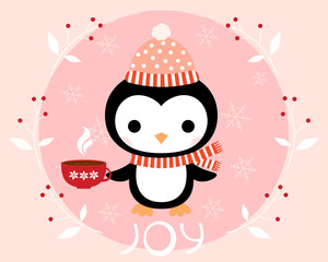 Cute penguin with a hat, a scarf and a cup of coffee - Christmas greeting card
