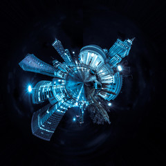 Miniature tiny planet of Night skyline of Warsaw with soviet era Palace of Culture and science and modern skyscrapers. 360 degree montage from 20 images © Ints